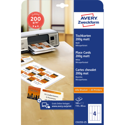 Avery Tischkarten C32253-25 | Weiße 110 x 40 mm Tischnamensschilder