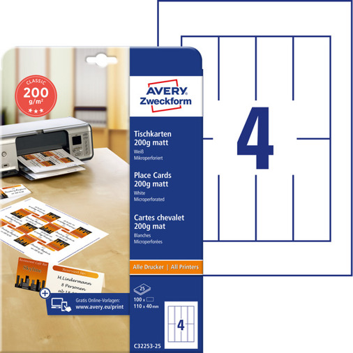 Avery Tischkarten C32253-25 | Weiße 110 x 40 mm Tischnamensschilder